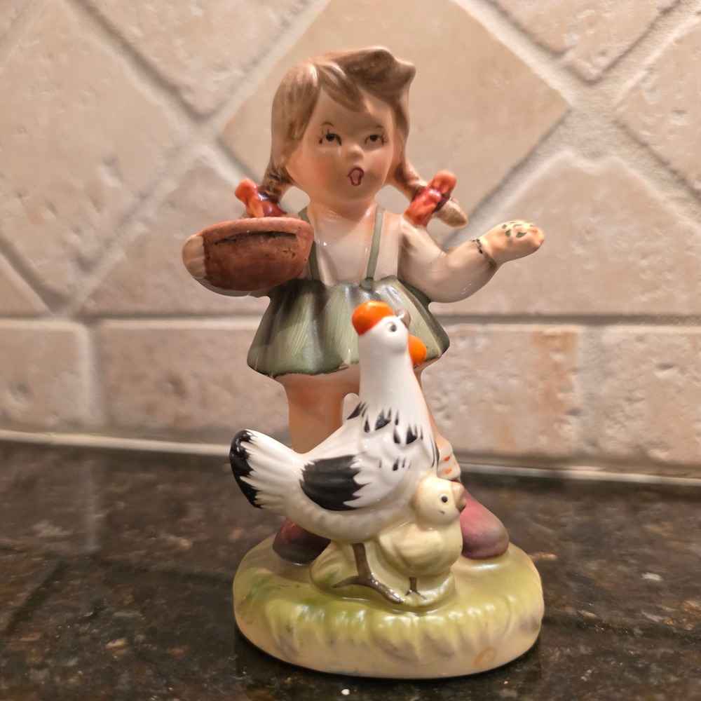 Vintage Girl Feeding Chickens Figurine Mid-Century Farmhouse Decor Kitsch Family